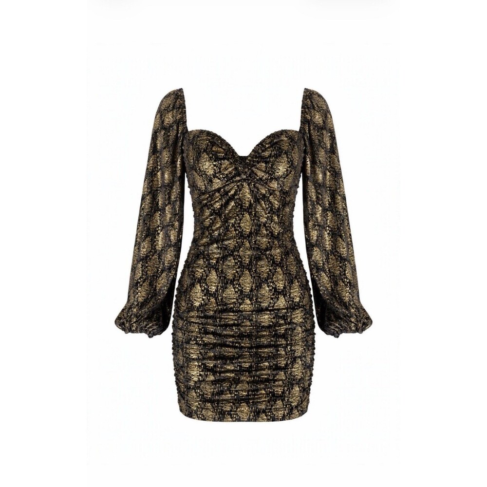 Dee Elly S Gold Black Short Dress Cocktail Party Foil Snake Puff Sleeve Ruched
